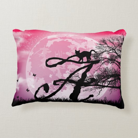 Vollmond und Katze Eine erste Monogramm-Gepäckmark Dekokissen (Rückseite)