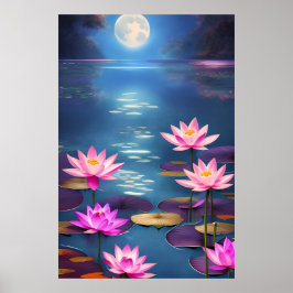 Vollmond und schöne rosa Lotus-Blume Poster