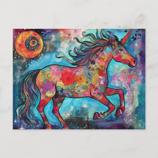 Vollmond Unicorn BlumenCollage Postkarte (Vorderseite)