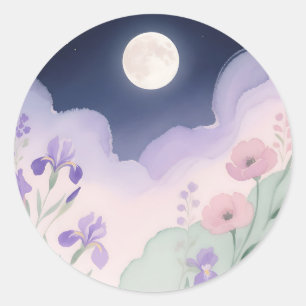 Vollmond-Wasserfarben-Iris-Blumen-Nacht Runder Aufkleber