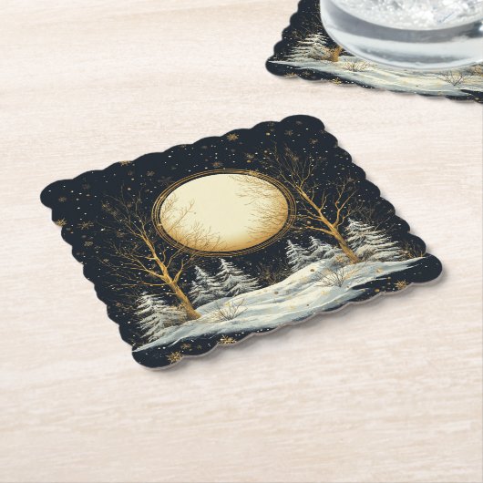 Vollmond Winter Kiefernwald Schneeflocken Untersetzer (angewinkelt)