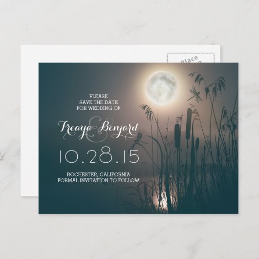 Vollmondnacht mit Libelle und Katzen Save the Date Ankündigungspostkarte (Vorne/Hinten)