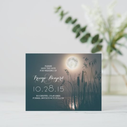 Vollmondnacht mit Libelle und Katzen Save the Date Ankündigungspostkarte (Stehend Vorderseite)