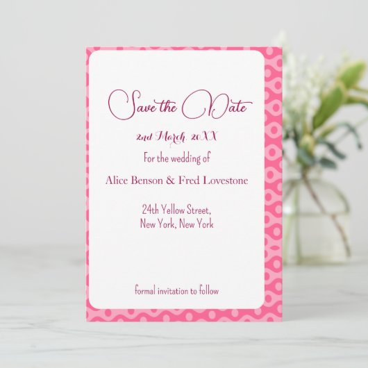 Vollständig anpassbar mit Ihren Details rosa Muste Save The Date (Stehend Vorderseite)