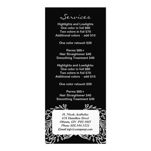 Vollständig anpassbare Salon Menu Rack Card Werbekarte (Hinten)