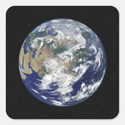 Vollständig beleuchtete Erde, zentriert auf Asien Quadratischer Aufkleber (Vorderseite)