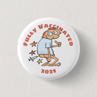 Vollständig geimpfter lustiger Cartoon mit Spritze Button