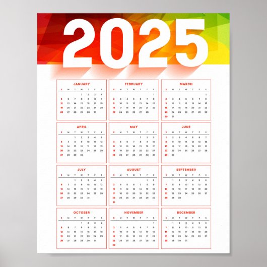 Vollständiger, minimaler vertikaler Kalender 2025 Poster (Vorne)