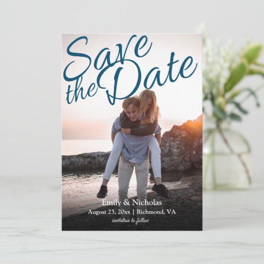 Vollständiges Foto mit 3 auf Save the Date Einladung (Stehend Vorderseite)