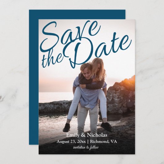 Vollständiges Foto mit 3 auf Save the Date Einladung (Vorne/Hinten)