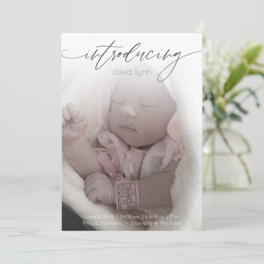 Vollständiges Foto Moderne Geburtsankündigung Rosa Ankündigung (Stehend Vorderseite)