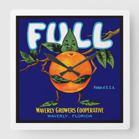 Vollständiges Orangefarbenes Kratetikett Quadratische Wanduhr (Vorderseite)