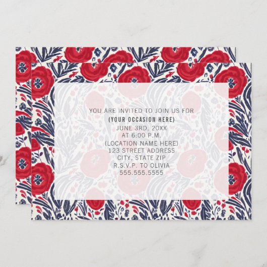 Vollständiges Party in Rot-Blau-Blüten Einladung (Vorne/Hinten)