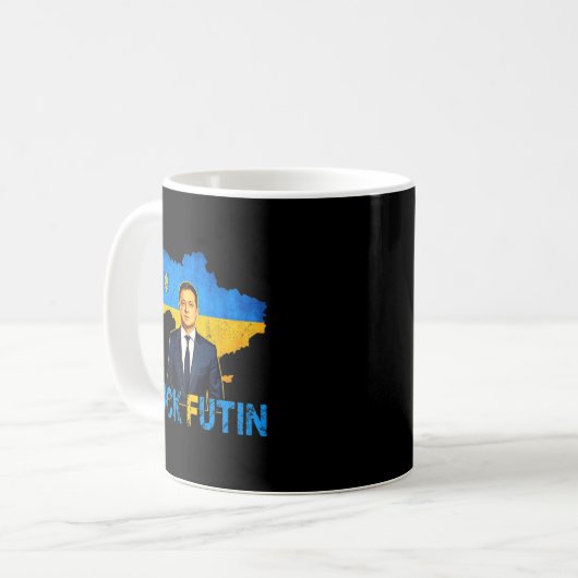 Volodymyr Zelensky Puck Futin Meme I Stand with UK Kaffeetasse (Vorderseite Links)