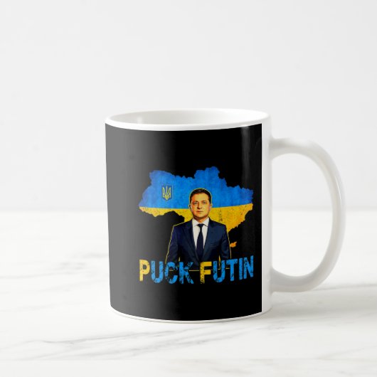 Volodymyr Zelensky Puck Futin Meme I Stand with UK Kaffeetasse (Rechts)