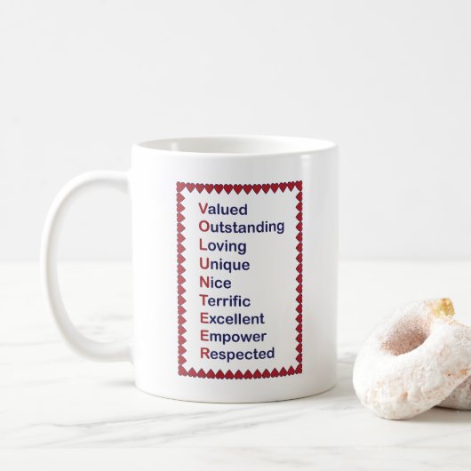 Volunteer Red Hearts Typografy Coffee Tasse (Mit Donut)