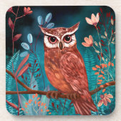 Vom Künstler handillustrierte Eule – Boho Natur Getränkeuntersetzer (Vorderseite)