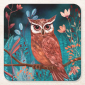 Vom Künstler handillustrierte Eule – Boho Natur Rechteckiger Pappuntersetzer (Vorderseite)