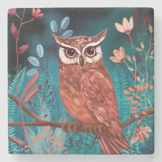 Vom Künstler handillustrierte Eule – Boho Natur Steinuntersetzer (Vorderseite)