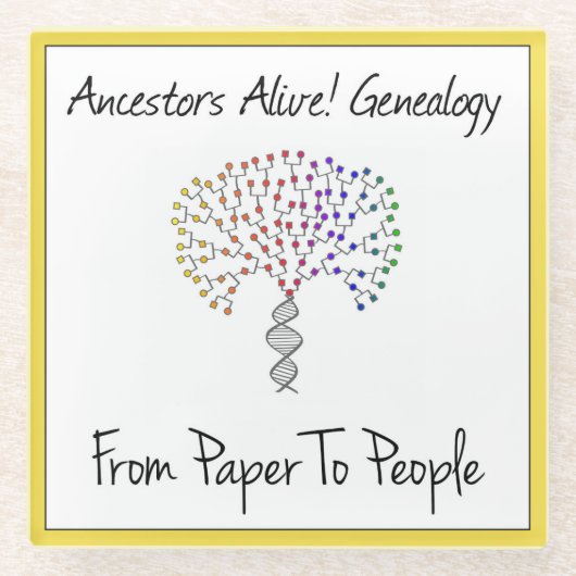 Vom Papier zum Menschen Logo, gelb Glasuntersetzer (Vorderseite)