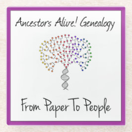 Vom Papier zum Menschen Logo, lila Glasuntersetzer