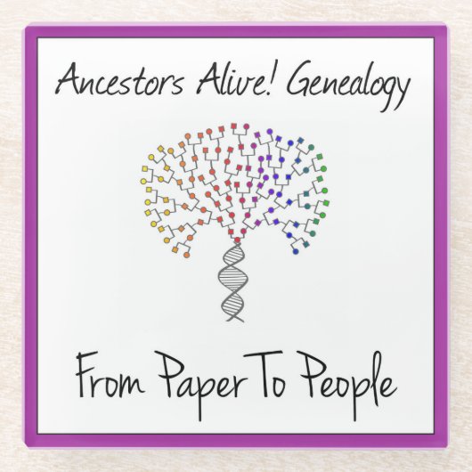 Vom Papier zum Menschen Logo, lila Glasuntersetzer (Vorderseite)