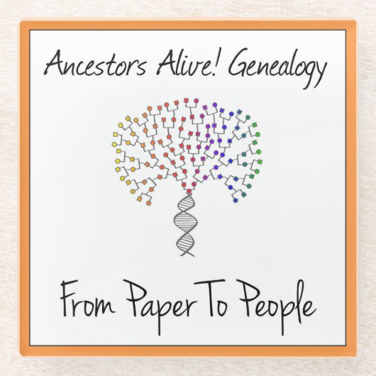 Vom Papier zum Menschen Logo, orange Glasuntersetzer (Vorderseite)