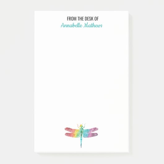 Vom Schreibtisch der Regenbogen-Aquarell-Libelle Post-it Klebezettel (Vorderseite)