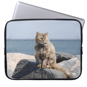 Vom Wind zerzauste Katze am Meer Foto Laptopschutzhülle