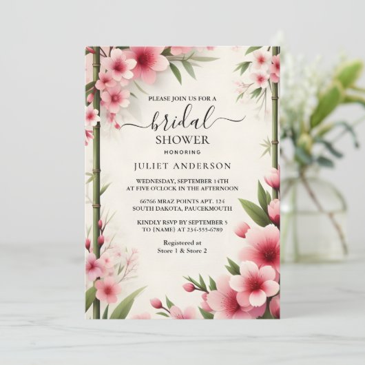 von Bamboo Pink Sakura Cherry Blossom Brautparty Einladung (Stehend Vorderseite)