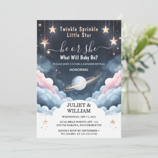 Von Cloud Twinkle Twinkle Little Star Gender Revea Einladung (Stehend Vorderseite)
