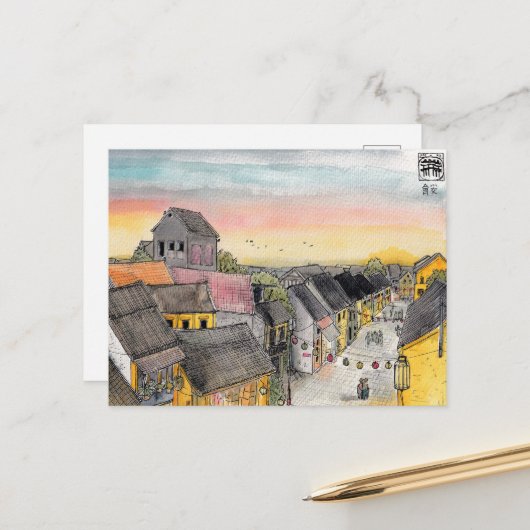 Von der Dachterrasse genießen Sie bei Sonnenunterg Postkarte (Vorderseite/Rückseite Beispiel)