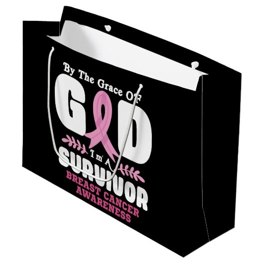 Von der Gnade Gott bin ein Überlebender Brustkrebs Große Geschenktüte (Vorderseite Schrägansicht)
