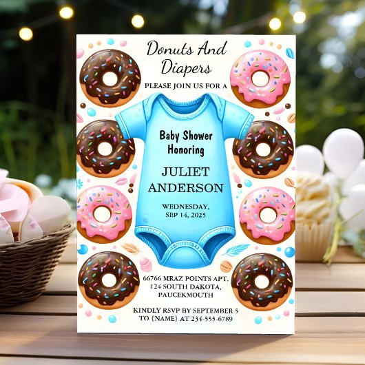 von Dreams Pink Blue Donuts und Diapers Baby Dusch Einladung