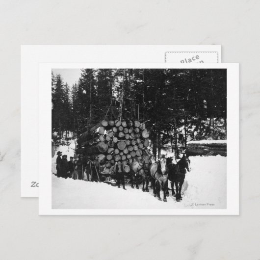 Von einem Pferdeteam auf einem Schlitten gezogene Postkarte (Vorne/Hinten)