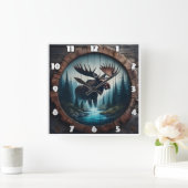 Von einem Stream Stehende Elche im Wald Quadratische Wanduhr (Zuhause)
