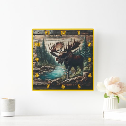Von einem Stream Stehende Elche in einer Waldlands Quadratische Wanduhr (Zuhause)