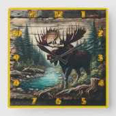 Von einem Stream Stehende Elche in einer Waldlands Quadratische Wanduhr (Vorderseite)