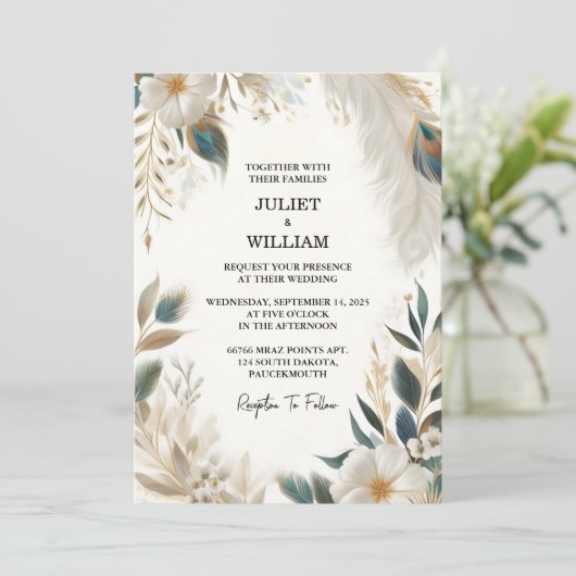 Von Feather Rustic Asian Sky Cloud Peacock Wedding Einladung (Stehend Vorderseite)