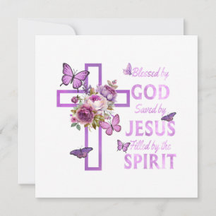 Von Gott Gerettet, gesegnet von Jesus Lila Blumenk Einladung