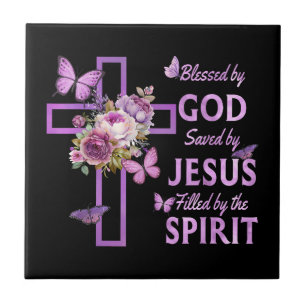 Von Gott Gerettet, gesegnet von Jesus Lila Blumenk Fliese