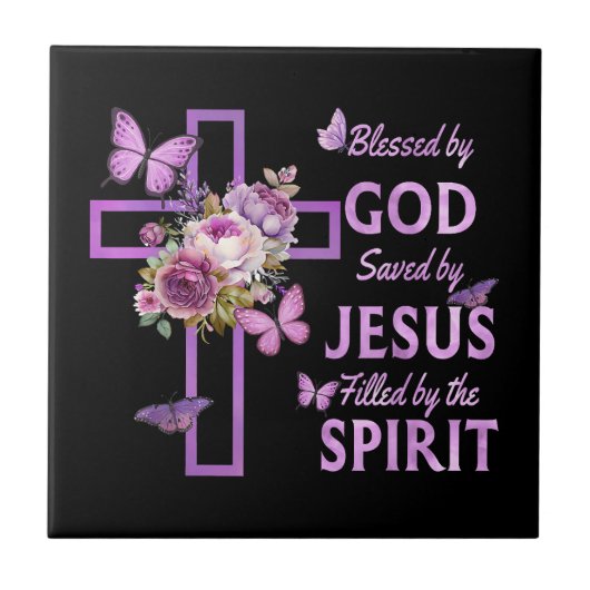 Von Gott Gerettet, gesegnet von Jesus Lila Blumenk Fliese (Vorderseite)