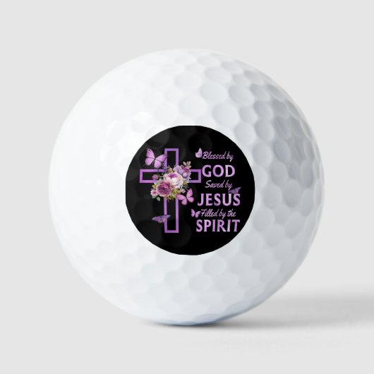 Von Gott Gerettet, gesegnet von Jesus Lila Blumenk Golfball (Vorderseite)
