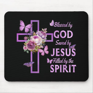 Von Gott Gerettet, gesegnet von Jesus Lila Blumenk Mousepad