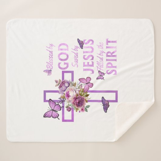 Von Gott Gerettet, gesegnet von Jesus Lila Blumenk Sherpadecke (Vorderseite (Horizontal))