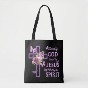 Von Gott Gerettet, gesegnet von Jesus Lila Blumenk Tasche