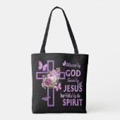 Von Gott Gerettet, gesegnet von Jesus Lila Blumenk Tasche (Rückseite)