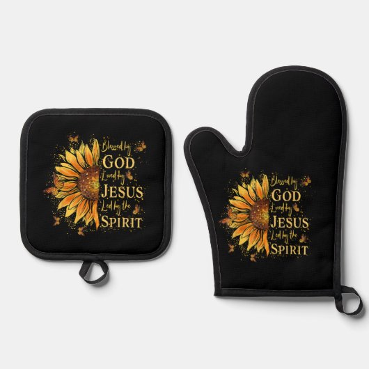 Von Gott gesegnet - von Jesus geliebt, Sonnenblume Ofenhandschuh & Topflappen-Set (Vorderseite)