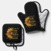 Von Gott gesegnet - von Jesus geliebt, Sonnenblume Ofenhandschuh & Topflappen-Set (Vorderseite/Rückseite)