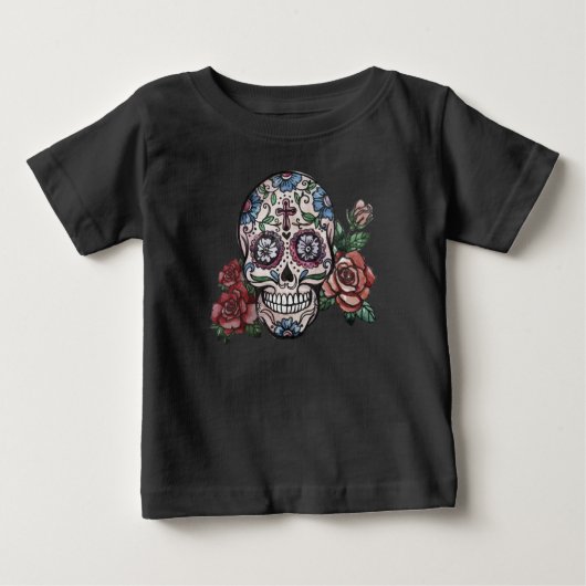 Von Hand gezeichnet Blumenschädel Dia de los Muert Baby T-shirt (Vorderseite)